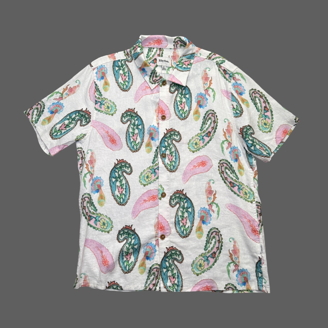 Rhythm Brooklyn Paisley Natural Ss Shirt Size Medium